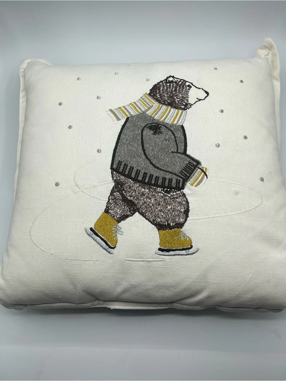Threshold Embroidered Ice Skating Bear Pillow - White, Gray, Brown, Mustard